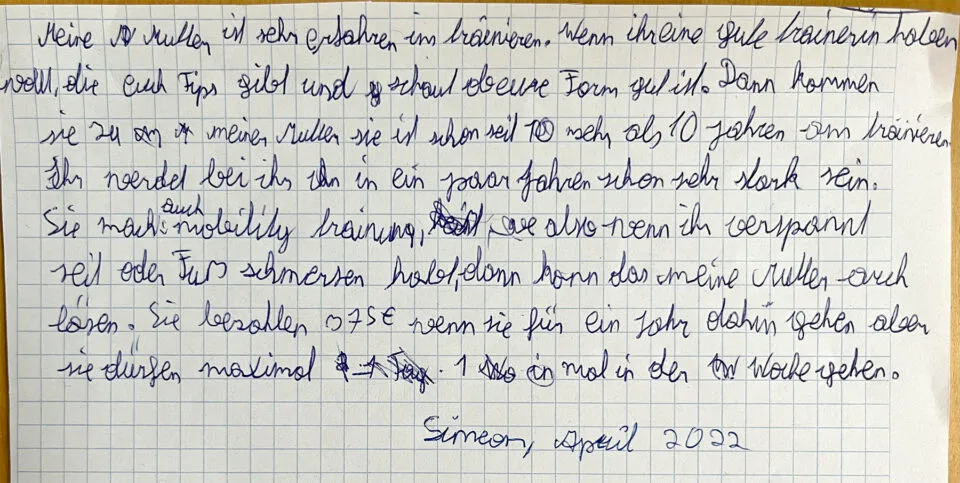 Brief meines Sohnes, der beschreibt wie toll es ist mit mir gemeinsam zu trainieren